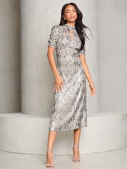 Lipsy Silver Sequin Underbust Keyhole Midi Dress - Image 1 of 4