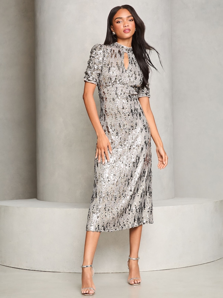 Lipsy Silver Sequin Underbust Keyhole Midi Dress - Image 1 of 4