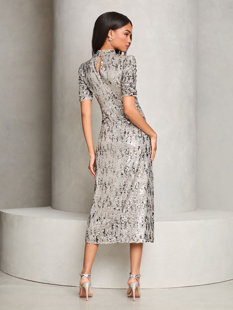 Lipsy Silver Sequin Underbust Keyhole Midi Dress - Image 4 of 4