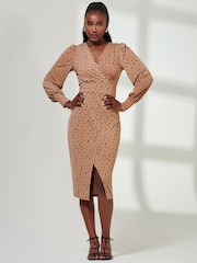 Jolie Moi Multi Black Jersey Wrap Slit Pencil Dress - Image 1 of 6
