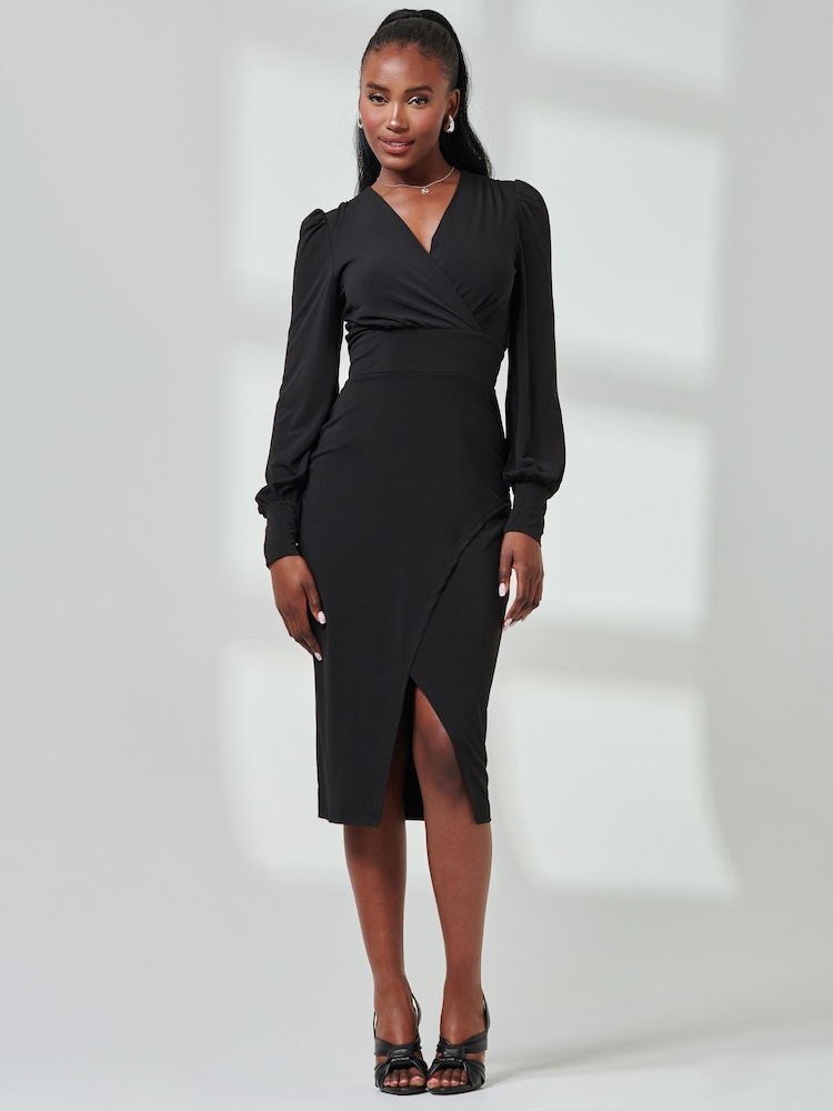 Jolie Moi Black Jersey Wrap Slit Pencil Dress - Image 1 of 6