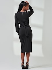 Jolie Moi Black Jersey Wrap Slit Pencil Dress - Image 2 of 6