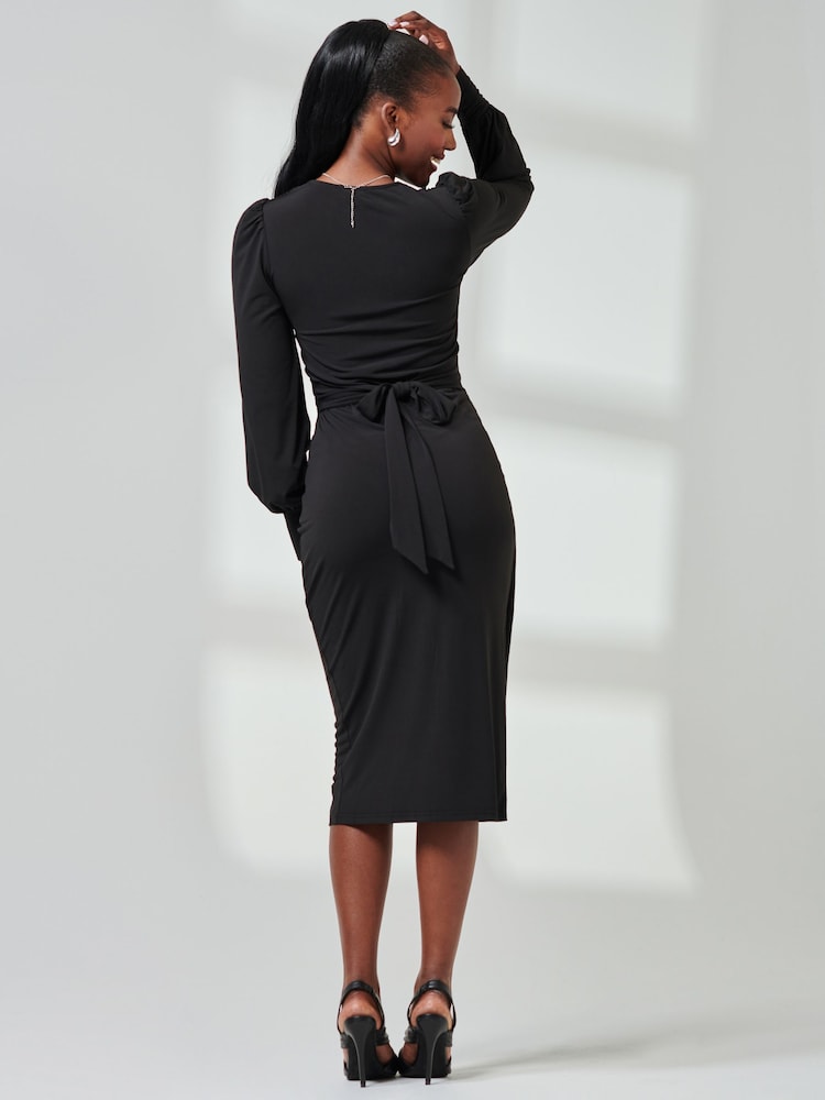Jolie Moi Black Jersey Wrap Slit Pencil Dress - Image 2 of 6