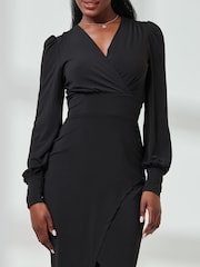 Jolie Moi Black Jersey Wrap Slit Pencil Dress - Image 3 of 6