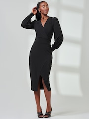 Jolie Moi Black Jersey Wrap Slit Pencil Dress - Image 5 of 6