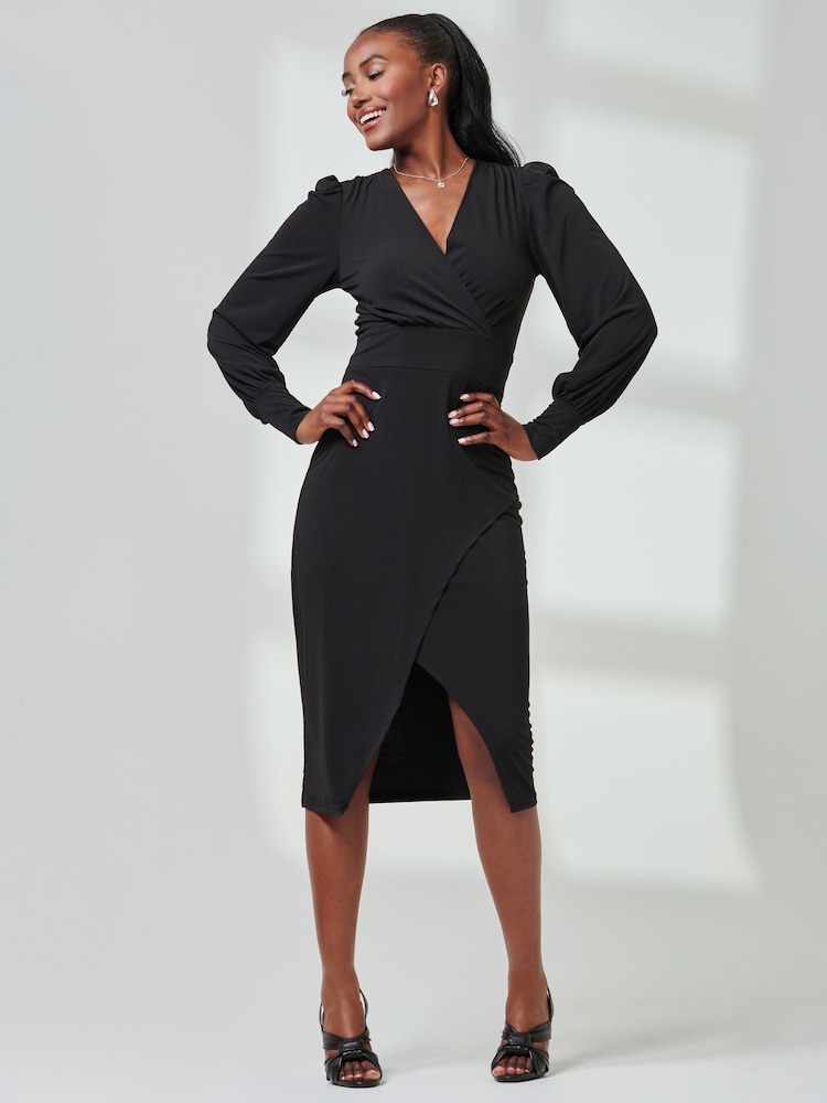 Jolie Moi Black Jersey Wrap Slit Pencil Dress - Image 6 of 6