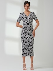 Jolie Moi Black Puff Sleeve Bodycon Midi Dress - Image 1 of 6
