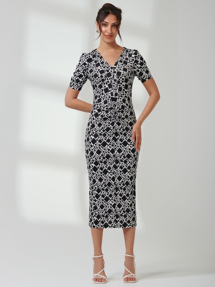 Jolie Moi Black Puff Sleeve Bodycon Midi Dress - Image 1 of 6