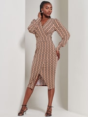 Jolie Moi Black Chrome Print Long Sleeve Jersey Pencil Dress - Image 1 of 6