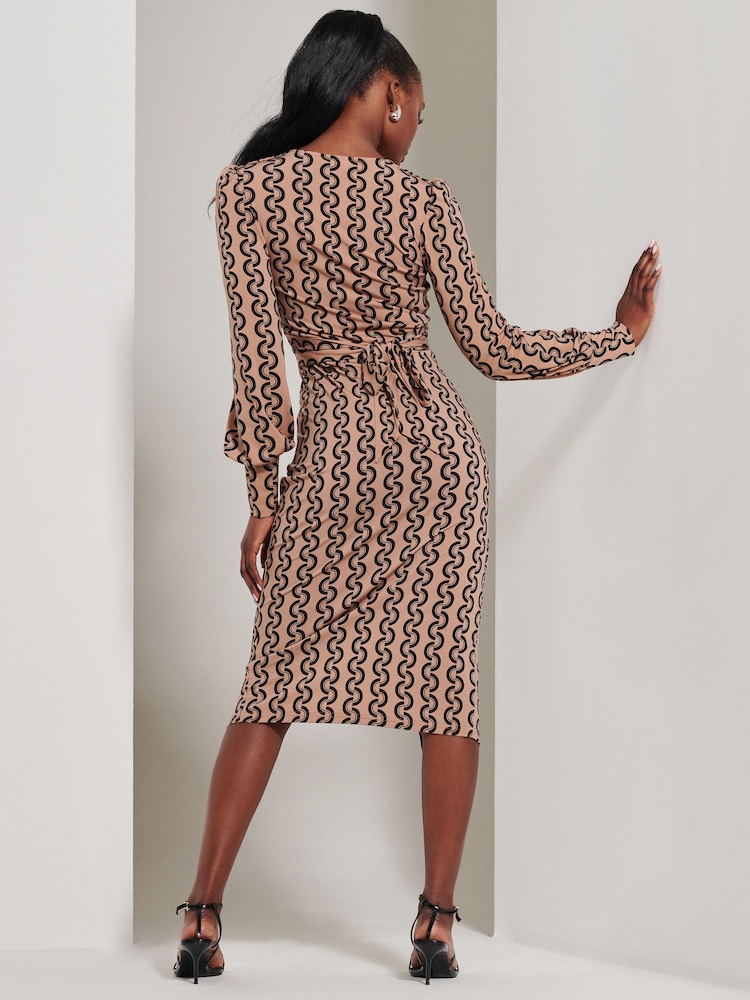 Jolie Moi Black Chrome Print Long Sleeve Jersey Pencil Dress - Image 2 of 6