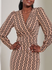 Jolie Moi Black Chrome Print Long Sleeve Jersey Pencil Dress - Image 3 of 6