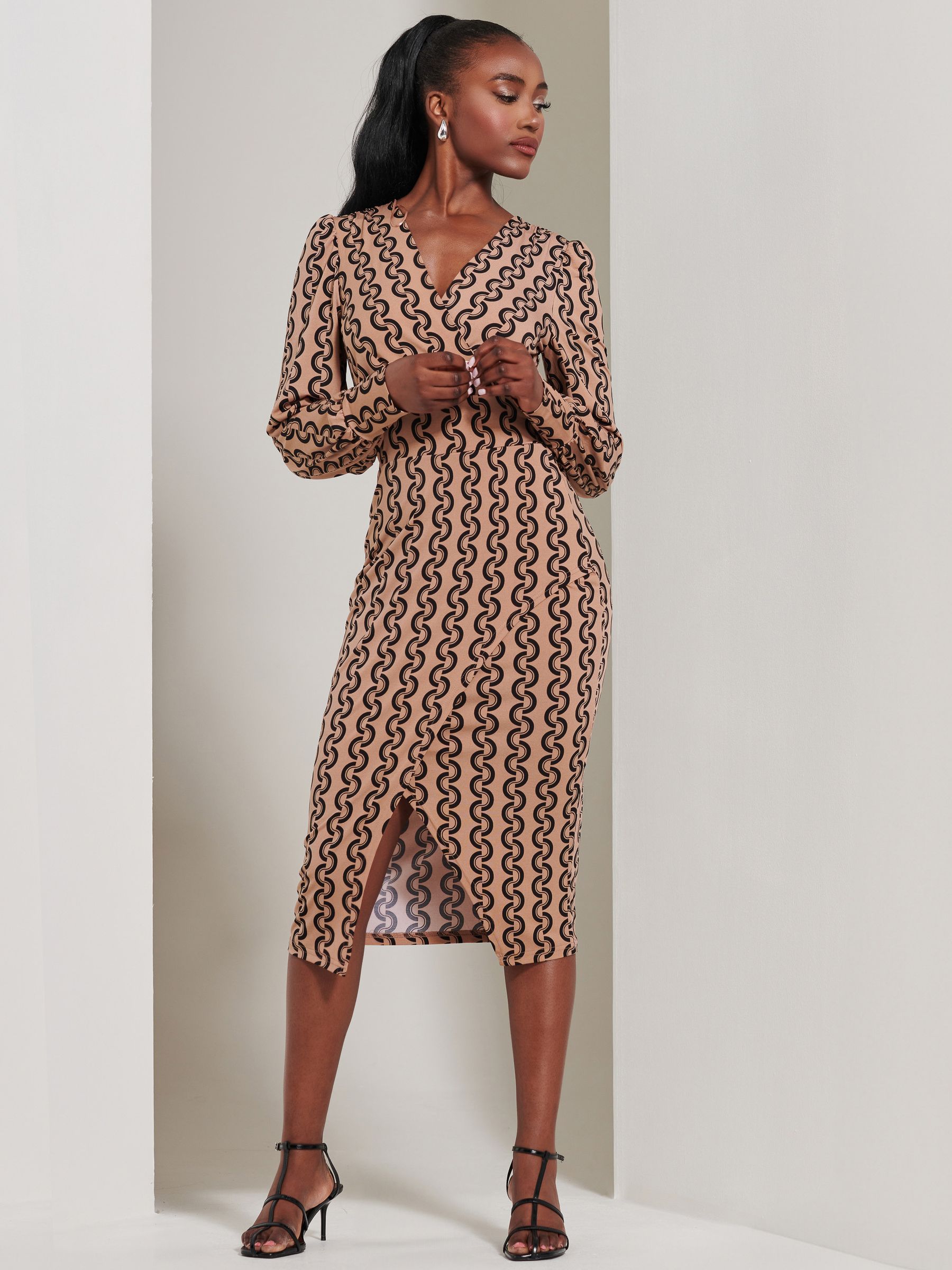 Jolie Moi Black Chrome Print Long Sleeve Jersey Pencil Dress - Image 4 of 6