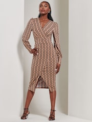 Jolie Moi Black Chrome Print Long Sleeve Jersey Pencil Dress - Image 5 of 6