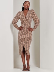 Jolie Moi Black Chrome Print Long Sleeve Jersey Pencil Dress - Image 6 of 6