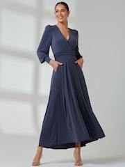 Jolie Moi Blue Long  Sleeve Soft Silky Jersey Maxi Dress - Image 1 of 6
