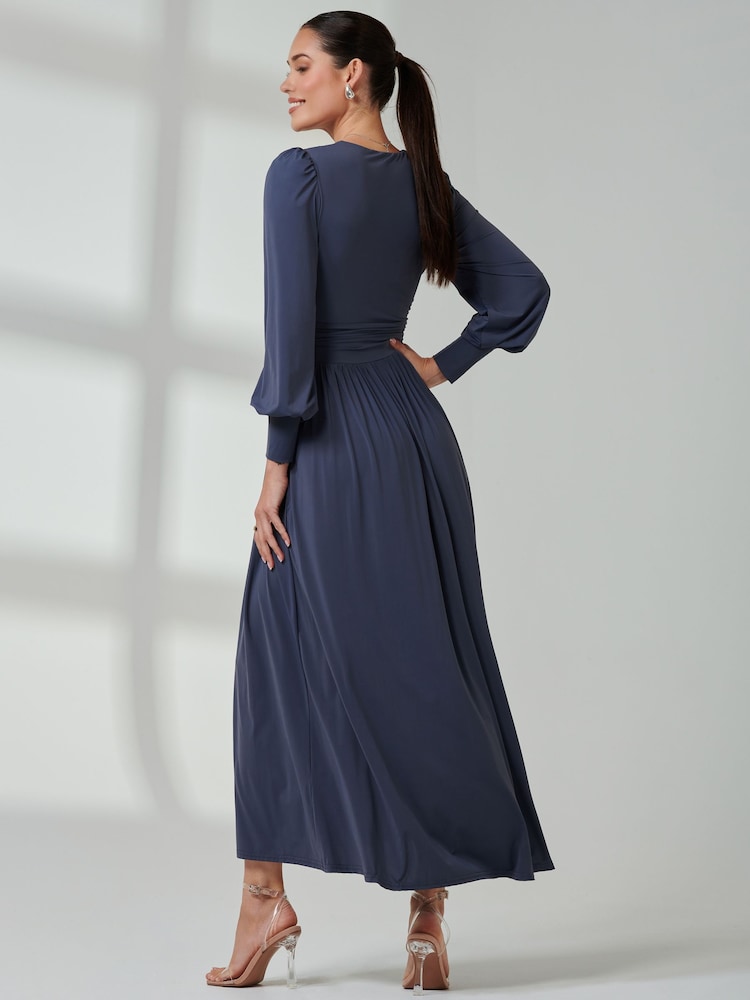 Jolie Moi Blue Long  Sleeve Soft Silky Jersey Maxi Dress - Image 2 of 6