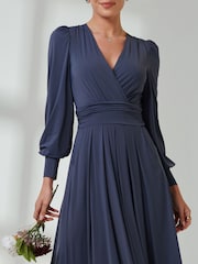 Jolie Moi Blue Long  Sleeve Soft Silky Jersey Maxi Dress - Image 3 of 6
