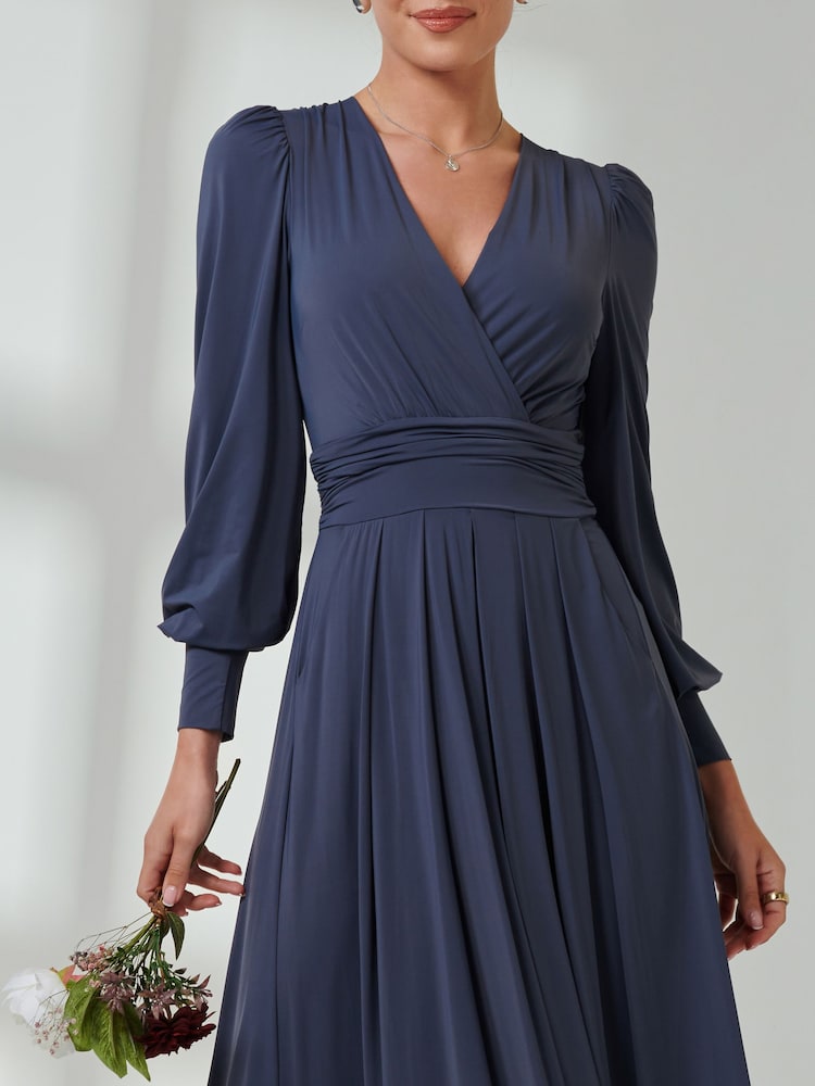 Jolie Moi Blue Long  Sleeve Soft Silky Jersey Maxi Dress - Image 3 of 6