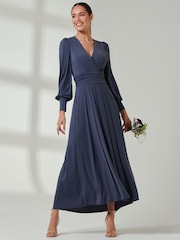Jolie Moi Blue Long  Sleeve Soft Silky Jersey Maxi Dress - Image 4 of 6