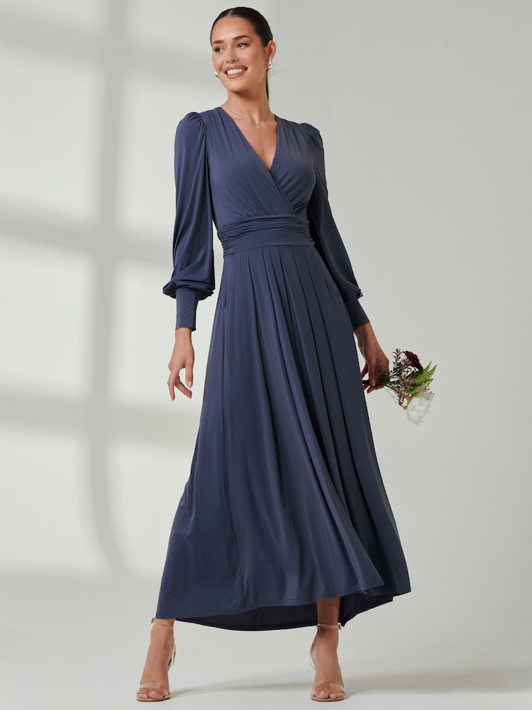 Jolie Moi Blue Long  Sleeve Soft Silky Jersey Maxi Dress - Image 4 of 6