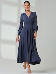 Jolie Moi Blue Long  Sleeve Soft Silky Jersey Maxi Dress - Image 5 of 6