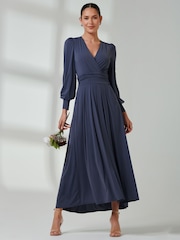 Jolie Moi Blue Long  Sleeve Soft Silky Jersey Maxi Dress - Image 6 of 6