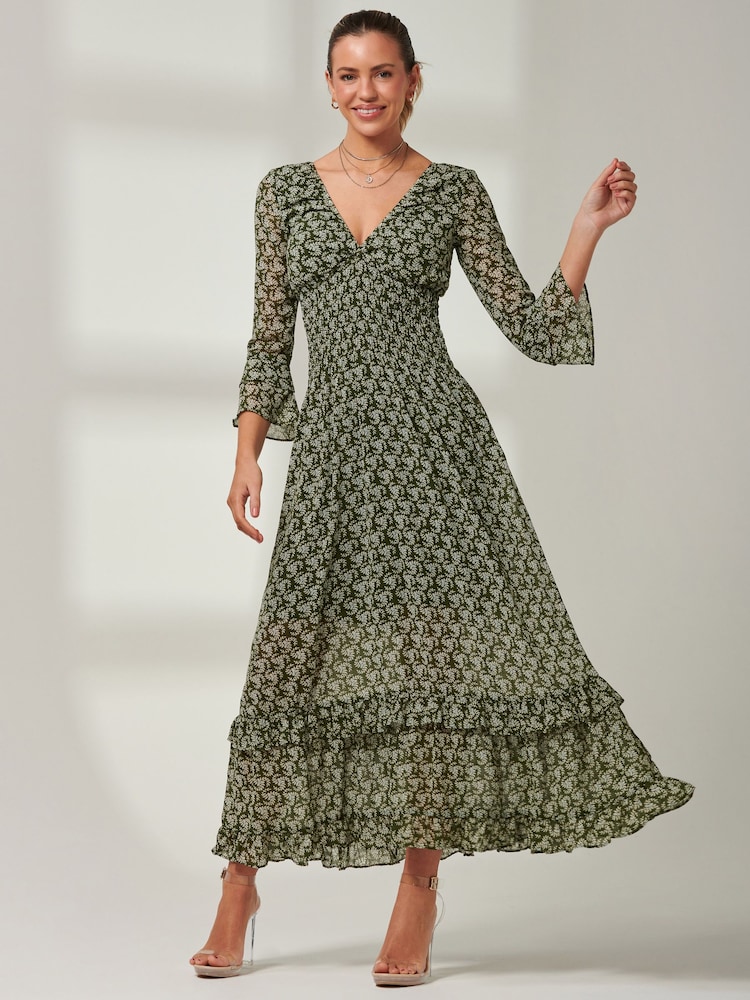 Jolie Moi Green Ditsy Chiffon Frill Maxi Dress - Image 1 of 7