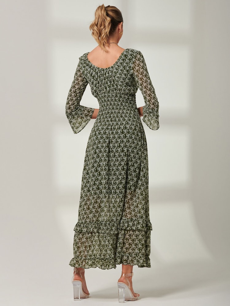 Jolie Moi Green Ditsy Chiffon Frill Maxi Dress - Image 2 of 7