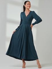 Jolie Moi Green Long  Sleeve Soft Silky Jersey Maxi Dress - Image 1 of 6