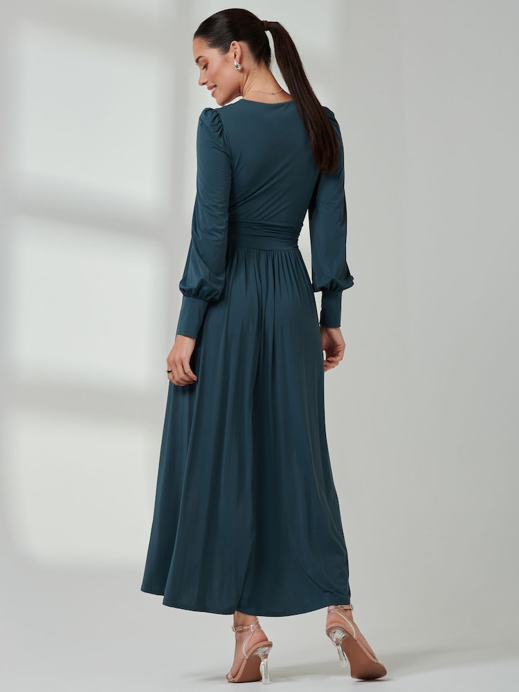 Jolie Moi Green Long  Sleeve Soft Silky Jersey Maxi Dress - Image 2 of 6