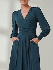 Jolie Moi Green Long  Sleeve Soft Silky Jersey Maxi Dress - Image 3 of 6