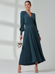 Jolie Moi Green Long  Sleeve Soft Silky Jersey Maxi Dress - Image 4 of 6