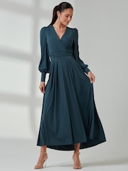Jolie Moi Green Long  Sleeve Soft Silky Jersey Maxi Dress - Image 5 of 6