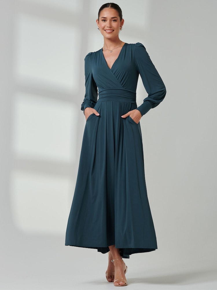 Jolie Moi Green Long  Sleeve Soft Silky Jersey Maxi Dress - Image 6 of 6