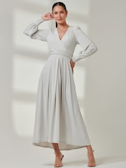 Jolie Moi Grey Long  Sleeve Soft Silky Jersey Maxi Dress - Image 1 of 6