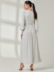 Jolie Moi Grey Long  Sleeve Soft Silky Jersey Maxi Dress - Image 2 of 6