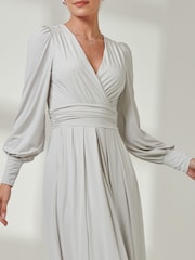 Jolie Moi Grey Long  Sleeve Soft Silky Jersey Maxi Dress - Image 3 of 6
