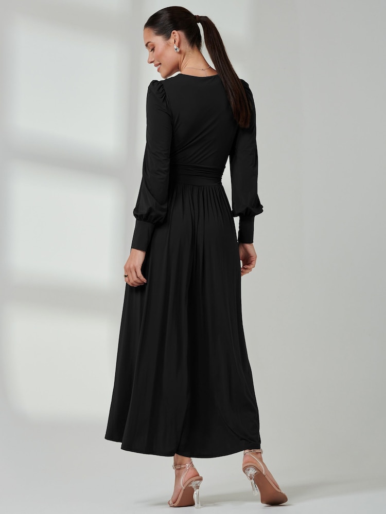 Jolie Moi Black Long  Sleeve Soft Silky Jersey Maxi Dress - Image 2 of 6