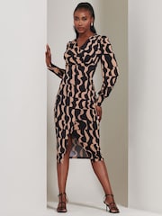Jolie Moi Brown Jersey Wrap Slit Pencil Dress - Image 1 of 6