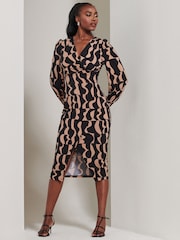 Jolie Moi Brown Jersey Wrap Slit Pencil Dress - Image 4 of 6