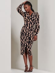 Jolie Moi Brown Jersey Wrap Slit Pencil Dress - Image 5 of 6