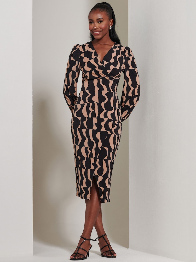 Jolie Moi Brown Jersey Wrap Slit Pencil Dress - Image 6 of 6