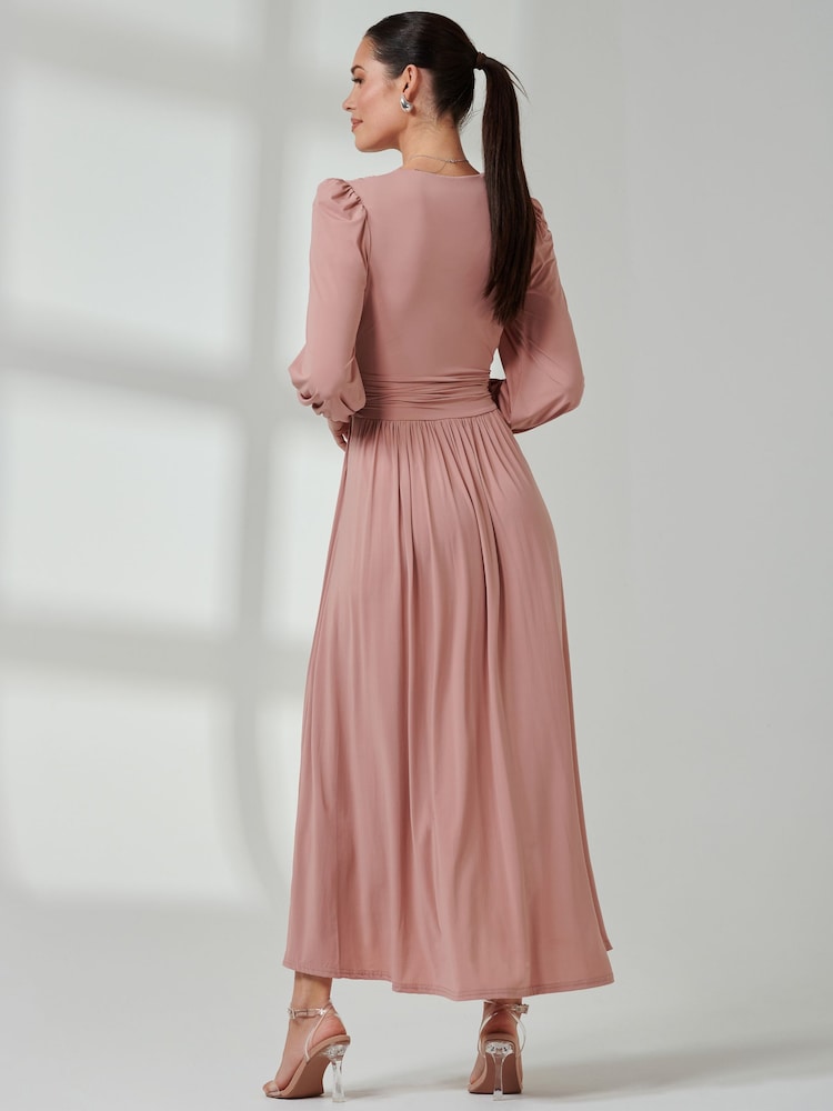 Jolie Moi Pink Long  Sleeve Soft Silky Jersey Maxi Dress - Image 2 of 6