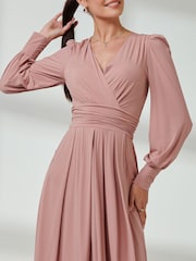 Jolie Moi Pink Long  Sleeve Soft Silky Jersey Maxi Dress - Image 3 of 6