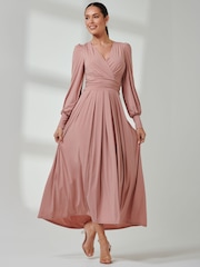 Jolie Moi Pink Long  Sleeve Soft Silky Jersey Maxi Dress - Image 4 of 6