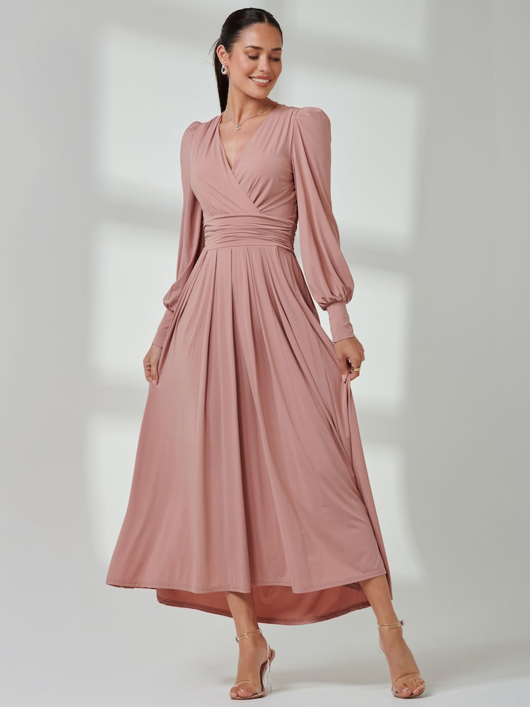 Jolie Moi Pink Long  Sleeve Soft Silky Jersey Maxi Dress - Image 6 of 6