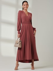 Jolie Moi Red Long  Sleeve Soft Silky Jersey Maxi Dress - Image 1 of 6
