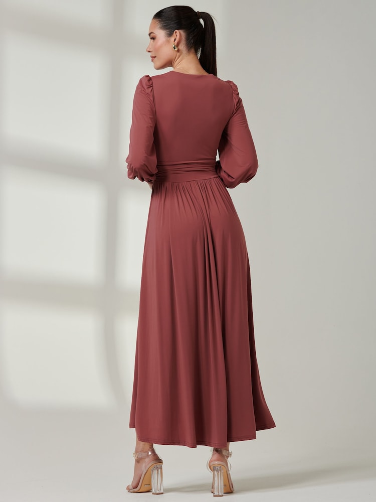 Jolie Moi Red Long  Sleeve Soft Silky Jersey Maxi Dress - Image 2 of 6