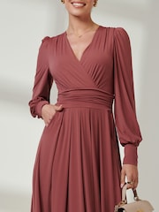 Jolie Moi Red Long  Sleeve Soft Silky Jersey Maxi Dress - Image 3 of 6