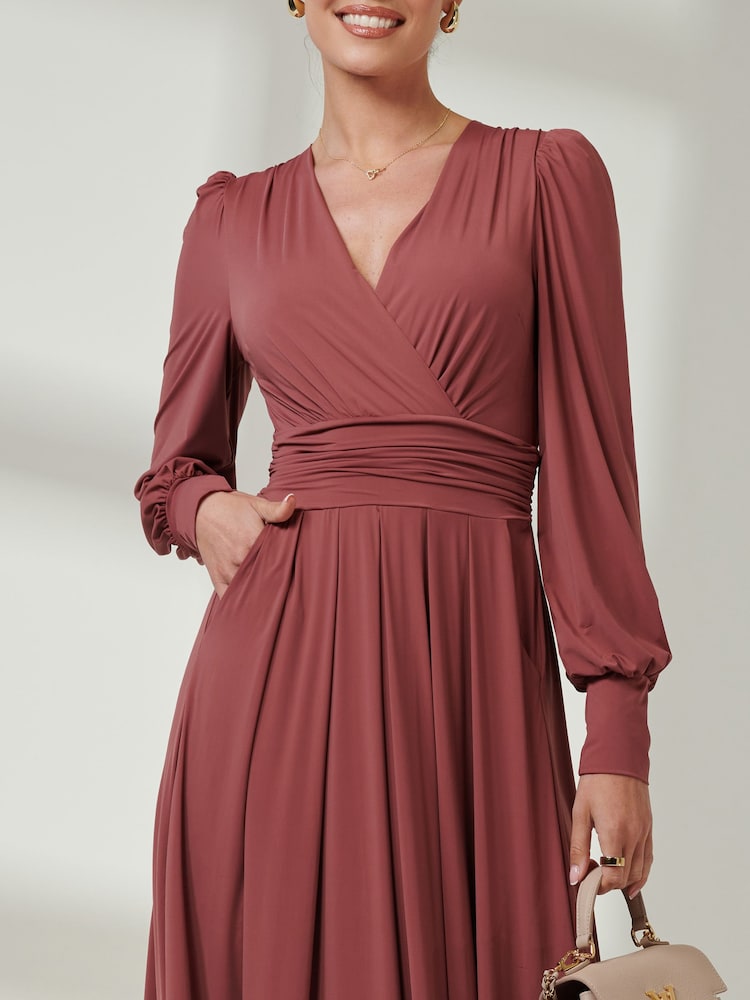Jolie Moi Red Long  Sleeve Soft Silky Jersey Maxi Dress - Image 3 of 6